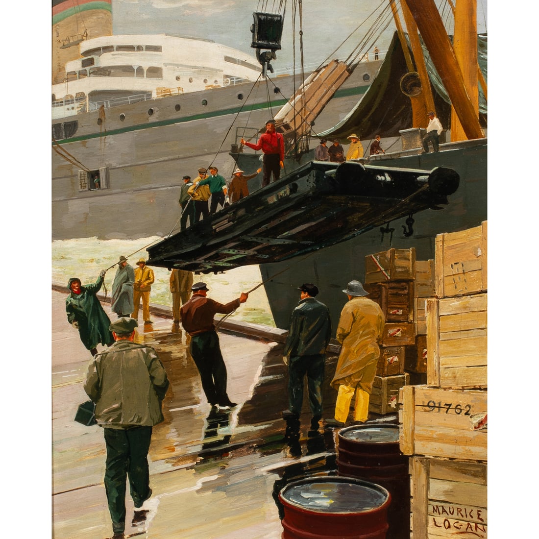 Work on paper, Maurice Logan: Maurice George Logan (American, 1886-1977), Untitled (Illustration: Figures at Dock Unloading Cargo), gouache, signed lower right, sight: 16.75"h x 13.5"w, overall (with frame): 29.25"h x 25.25"w