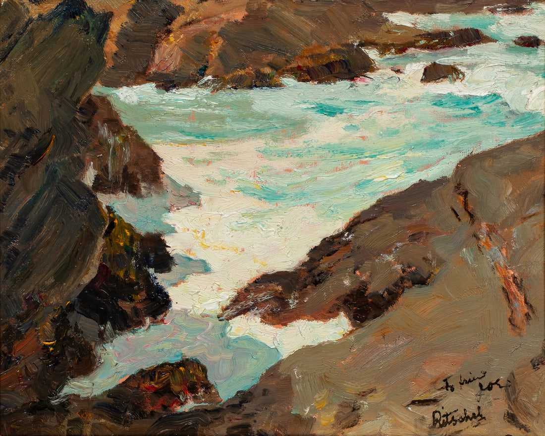 Painting, William Ritschel: William Frederick Ritschel (American/German, 1864-1949), Carmel Coast, oil on canvas, signed and inscribed, "To friend Joe" lower right, inventory number "49.564" inscribed verso, canvas: 10"h x 12.25