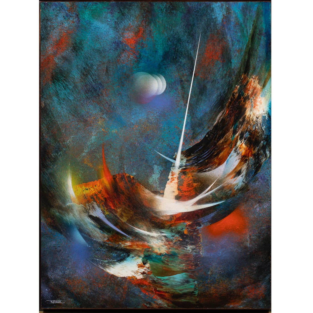 Painting, Leonardo Nierman: Leonardo Nierman (Mexican, 1932-2023), "Lunar Influence," oil on masonite, signed lower left, board: 31.5"h x 24"w, overall (with frame): 36"h x 28"w. Provenance: Purchased from Clars, December 2004.