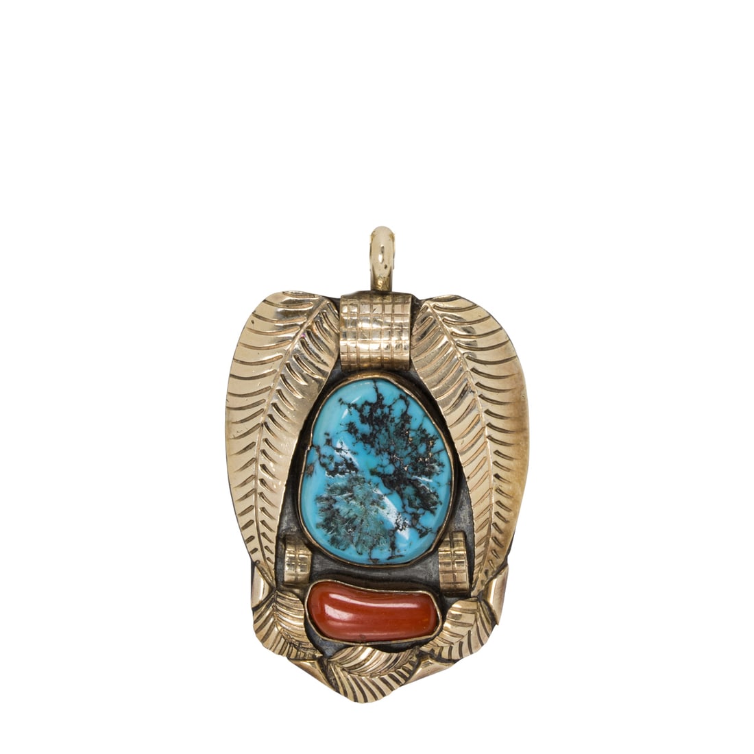A turquoise, coral, silver, and 14k gold pendant (1 of 2)