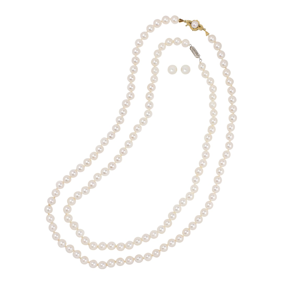 A cultured pearl and 14k white gold necklace and earring set (1 of 2)