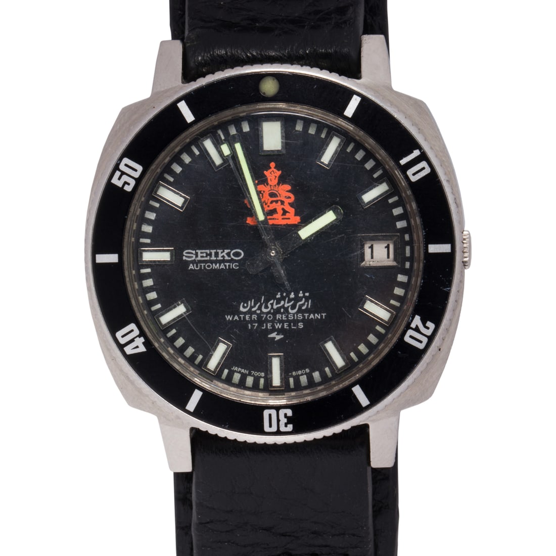 A Seiko Iranian army watch: A Seiko Iranian army watchThe black-tone face, white stick indices, luminous stick hands, date indicator, within polished stainless steel case, containing a 17 jewels manual movement, on leather Fossi