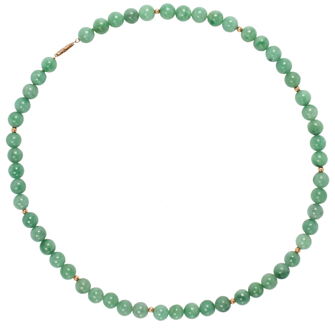 A jade and 10k gold beaded necklace: A jade and 10k gold beaded necklaceDesigned as a strand of round jade beads measuring approximately 8.25 mm, interspersed by ten 10k gold beads measuring 2.99 mm, on 10k gold clasp; length: 18 1/2 in;