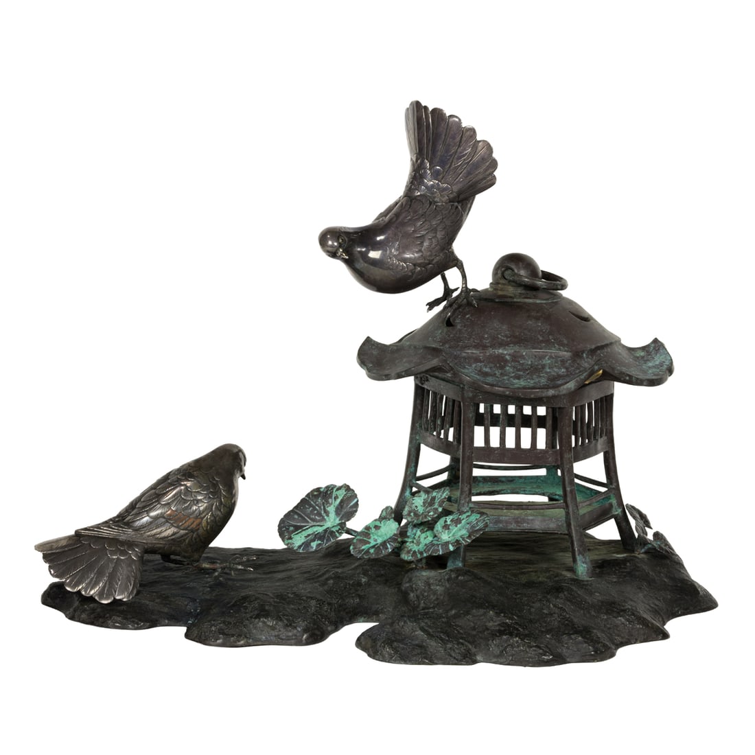 Set of two Japanese silver doves and bronze stand (1 of 4)