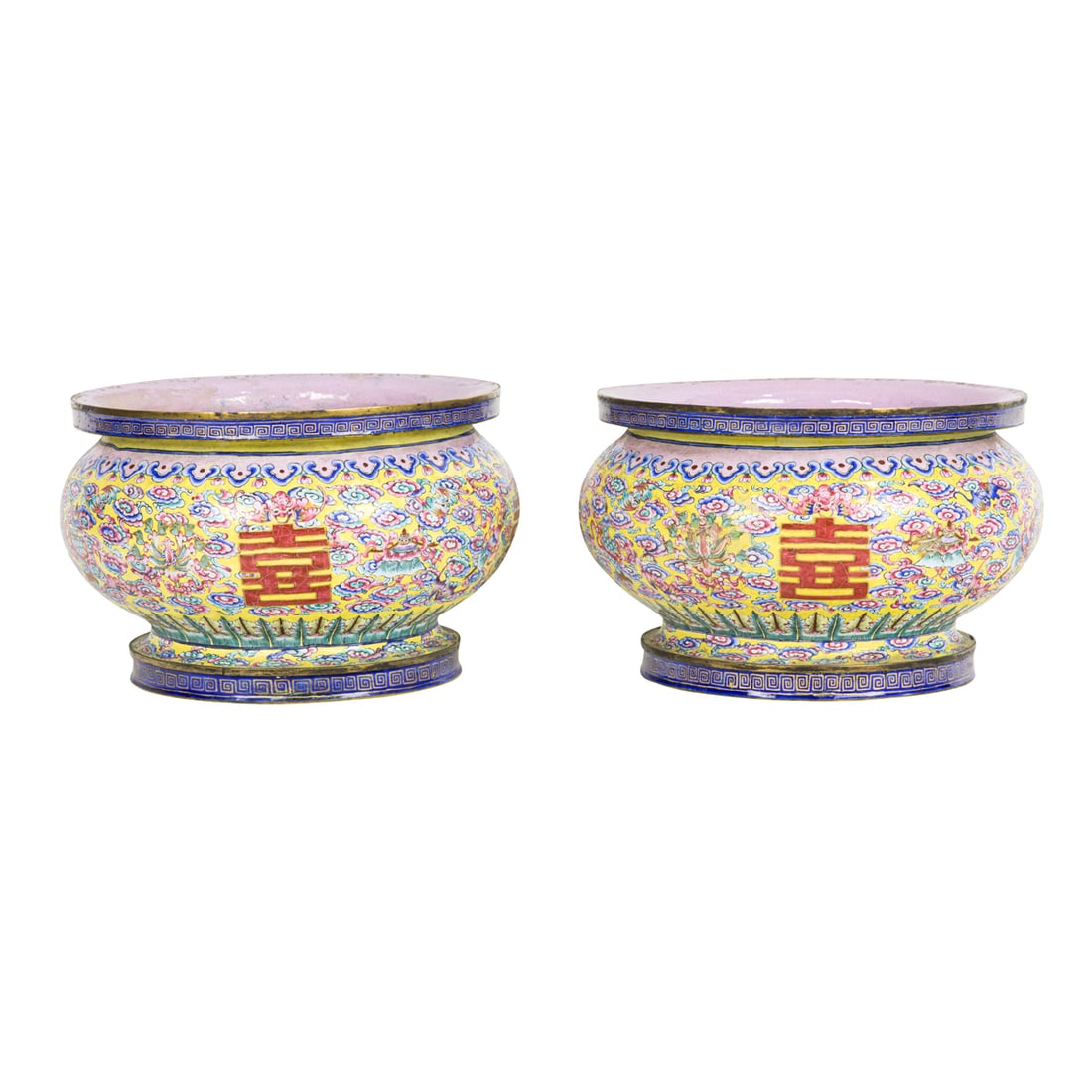 A pair of Chinese yellow ground enamel 'happiness' design wedding jars: A pair of Chinese yellow ground enamel 'happiness' design wedding jars. Republic period, 8" across.