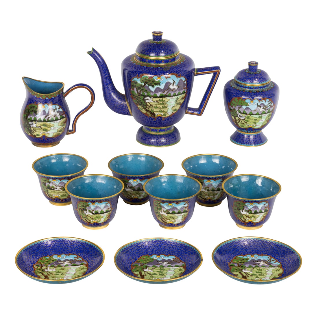 A set of twelve Chinese cloisonne enamel tea set service: A set of twelve Chinese cloisonne enamel tea set service. Depicting landscape and crane design, Republic period, 3.375" to 9.375" across.