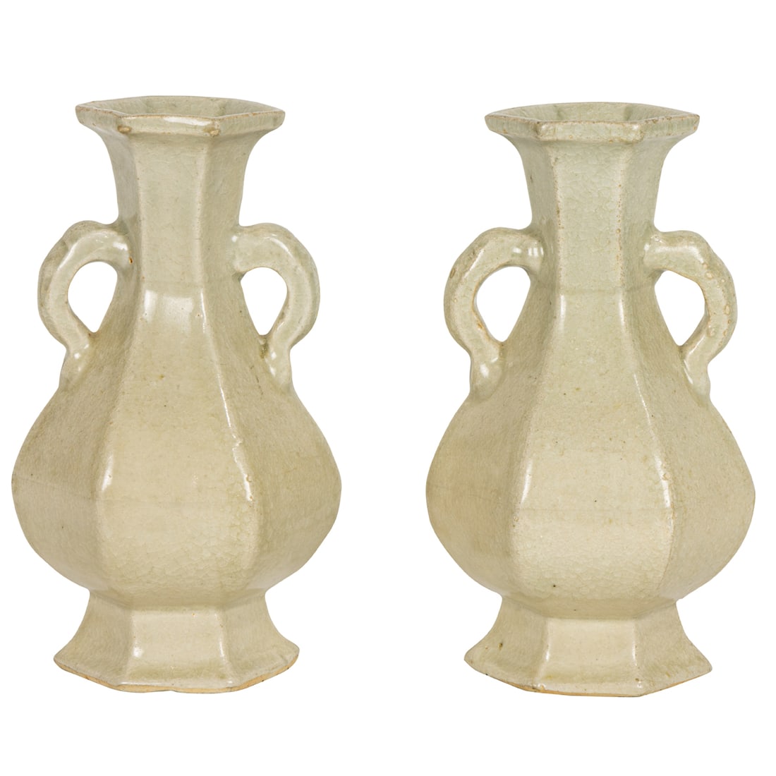 A pair of Chinese crackle glazed hexagonal double-ear vases: A pair of Chinese crackle glazed hexagonal double-ear vases. 20th century, 7.25" high.