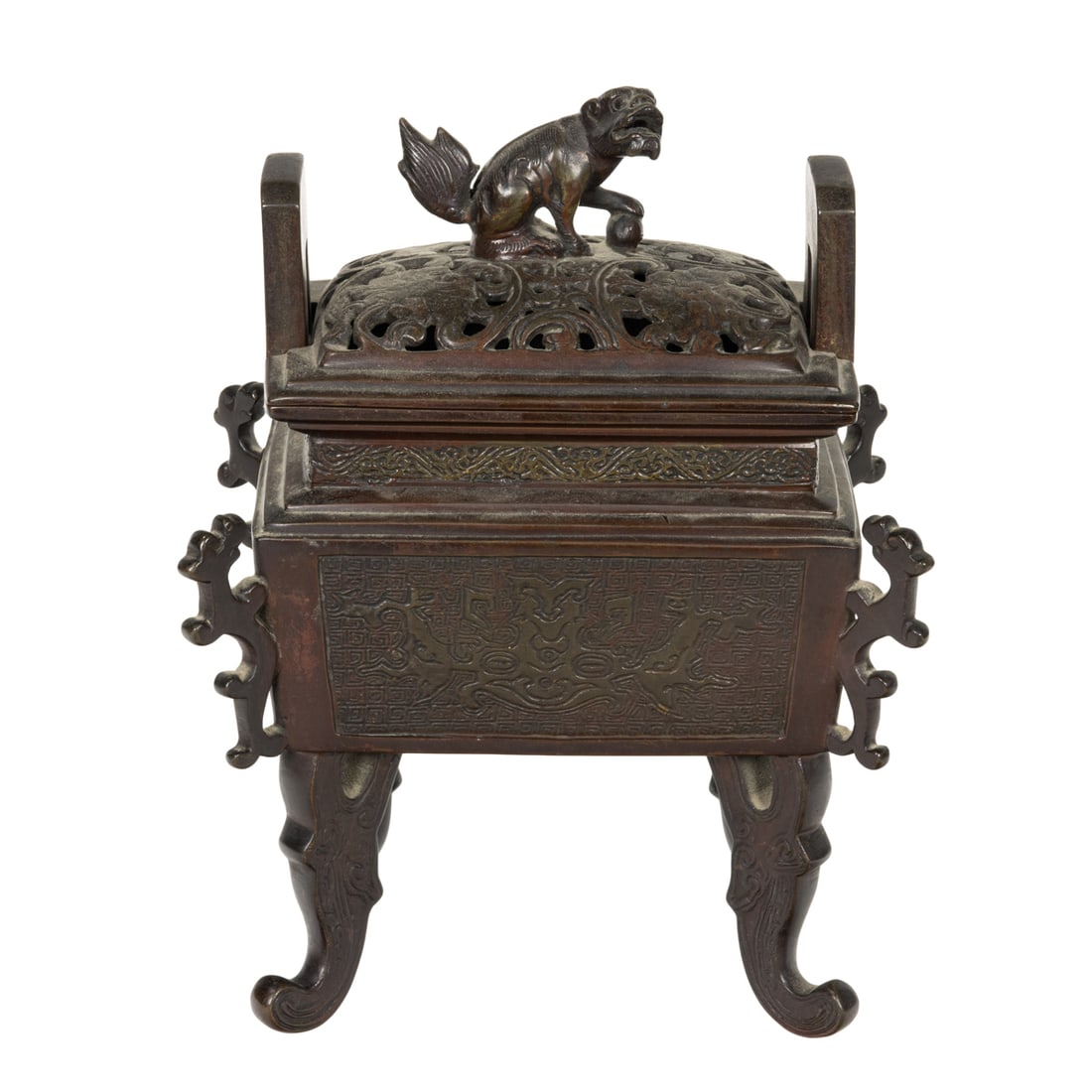 A Chinese bronze lidded censer: A Chinese bronze lidded censer. 10" high. Of rectangular fang ding form, cast in bronze and raised on four legs, decorated in low relief with taotie-style masks, and chilong figure, late Qing period,