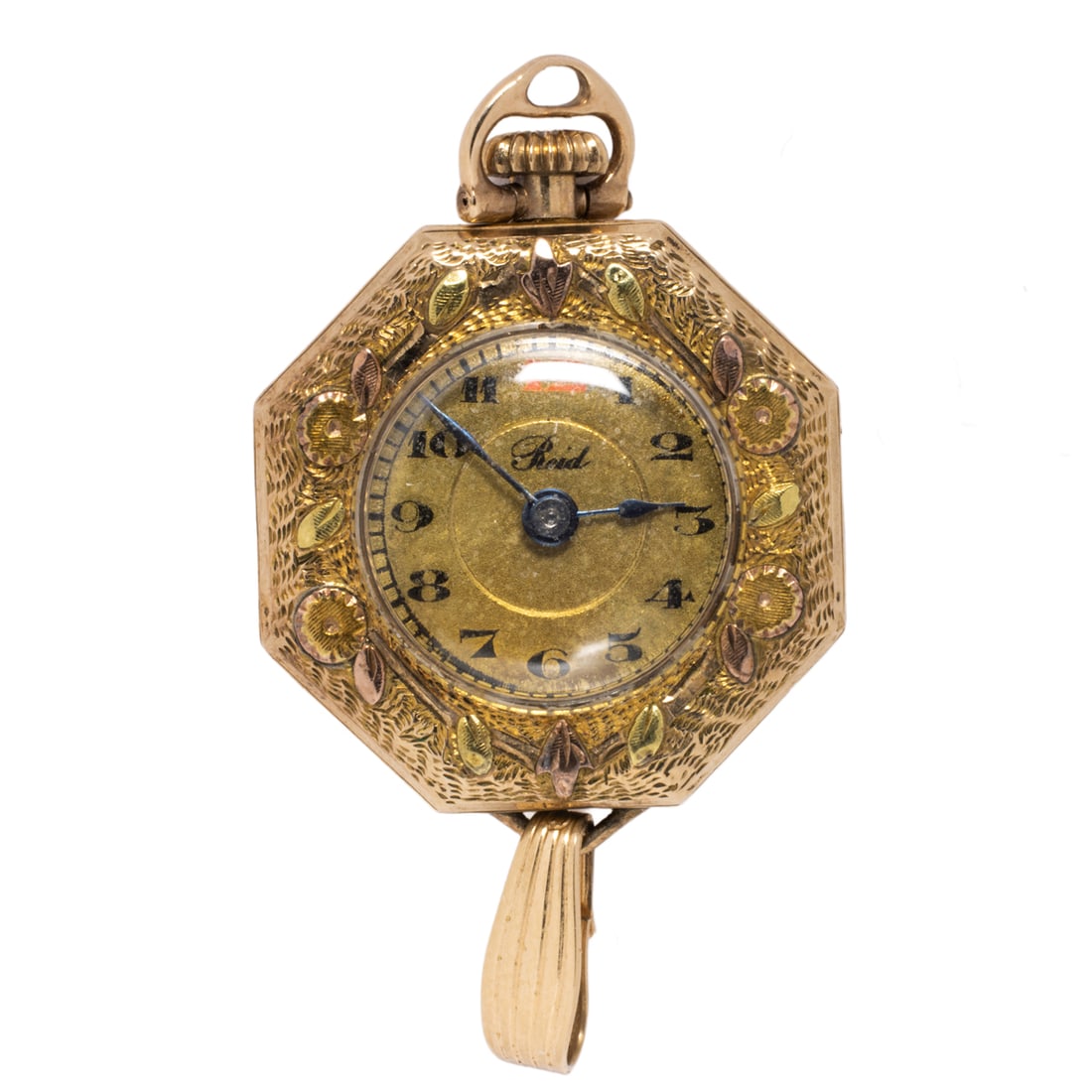 A Reid gold-filled and 14k gold watch pendant: A Reid gold-filled and 14k gold watch pendant Case no.: 1238184 The gold-tone face, black Arabic indices, black breguet hands, within polished gold-filled case, containing 15 jewels adjusted manual mo