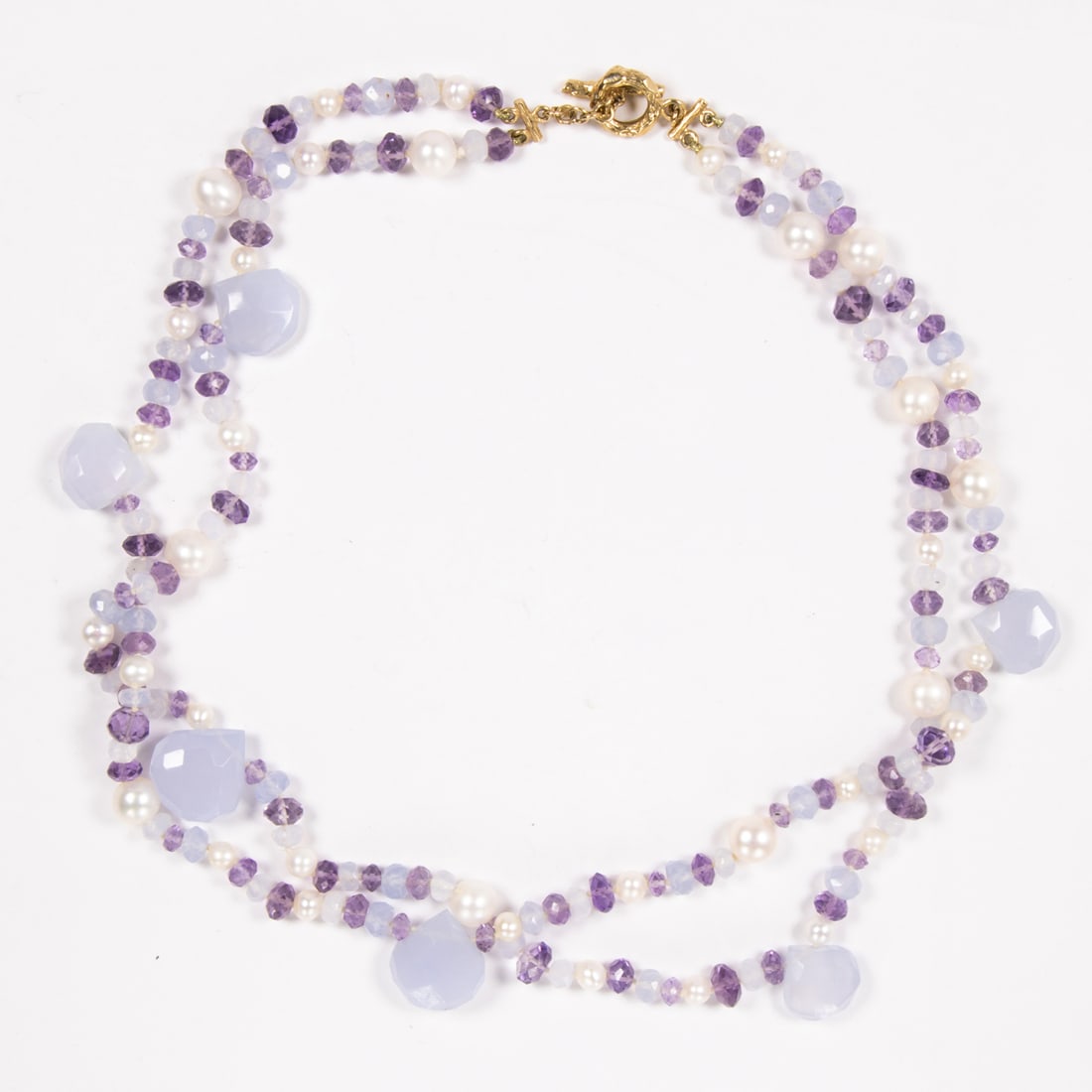 A chalcedony, amethyst, cultured pearl, and 14k gold necklace (1 of 1)