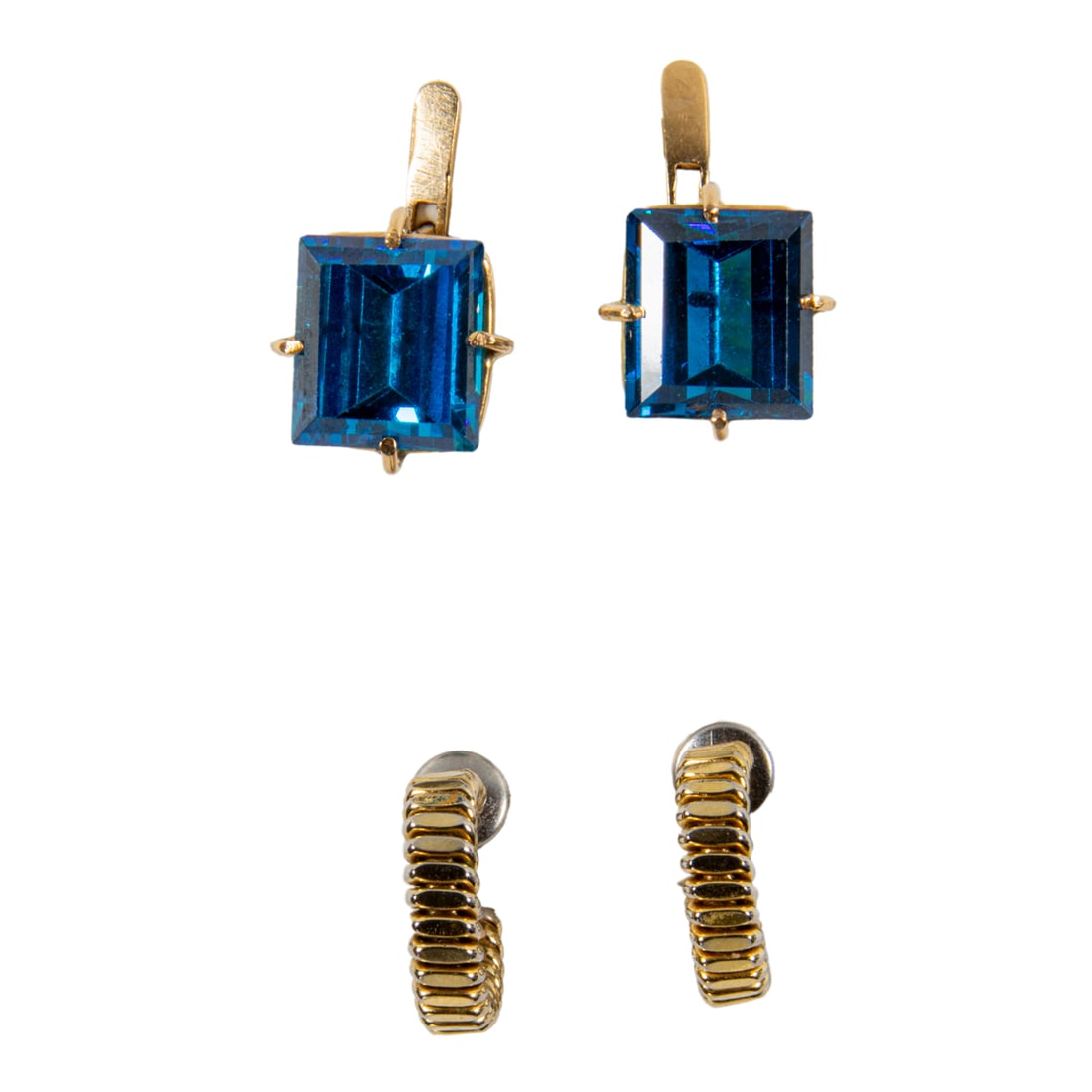 Two pairs of hardstone, metal, and 14k gold earrings: Two pairs of hardstone, metal, and 14k gold earrings One of hoop design made of metal, one designed with rectangular-cut blue hardstone set within 14k gold; gross weight: 8.50 grams