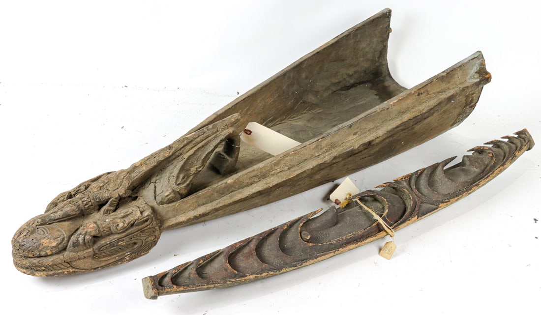 An Oceanic carved canoe prow and carving: An Oceanic carved canoe prow and carving, possibly Papua New Guinea, 37.5"l and 42"l