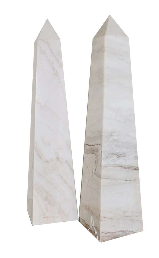 A near pair of marble obelisks: A near pair of marble obelisks, each 15.5"h