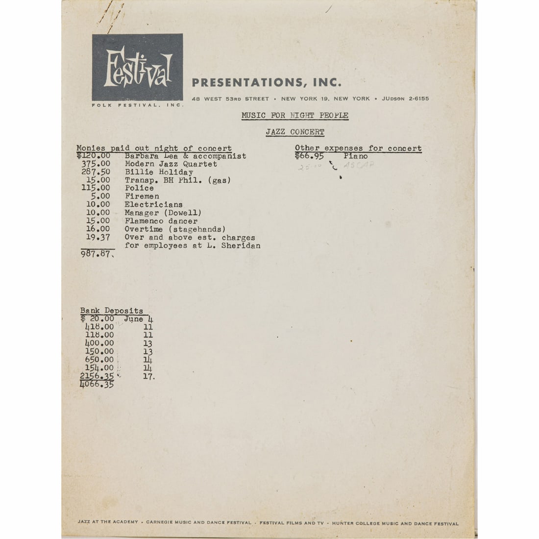 An original Festival Presentations typed list of expenses for the Music of Night People Jazz concert (1 of 2)