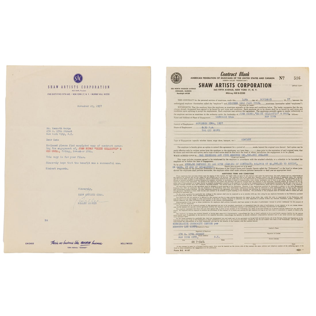 A contract for Dizzy Gillespie and Band to perform at Carnegie Hall (1 of 6)