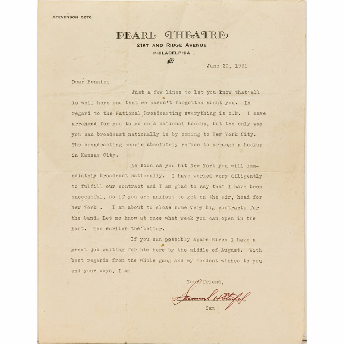 A signed letter from Samuel Stiefel to jazz artist Bennie Moten (1 of 2)