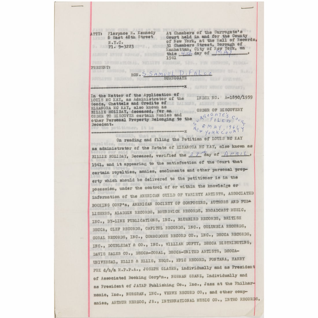 A Court Order in Surrogates Court for the estate of Billie Holiday (1 of 5)