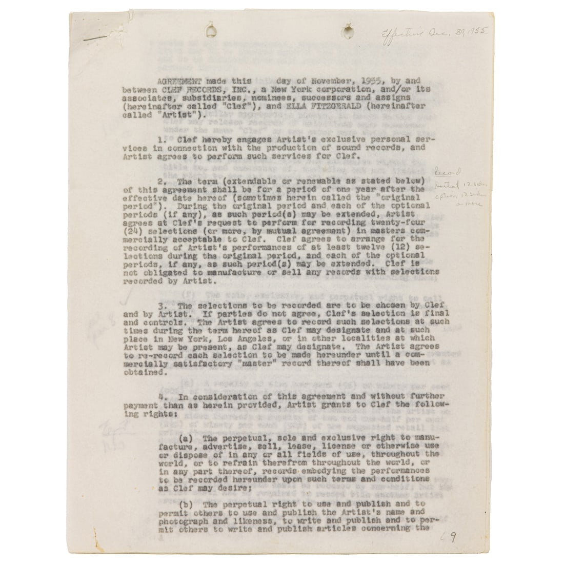 A signed agreement between Ella Fitzgerald and Clef Records (1 of 8)
