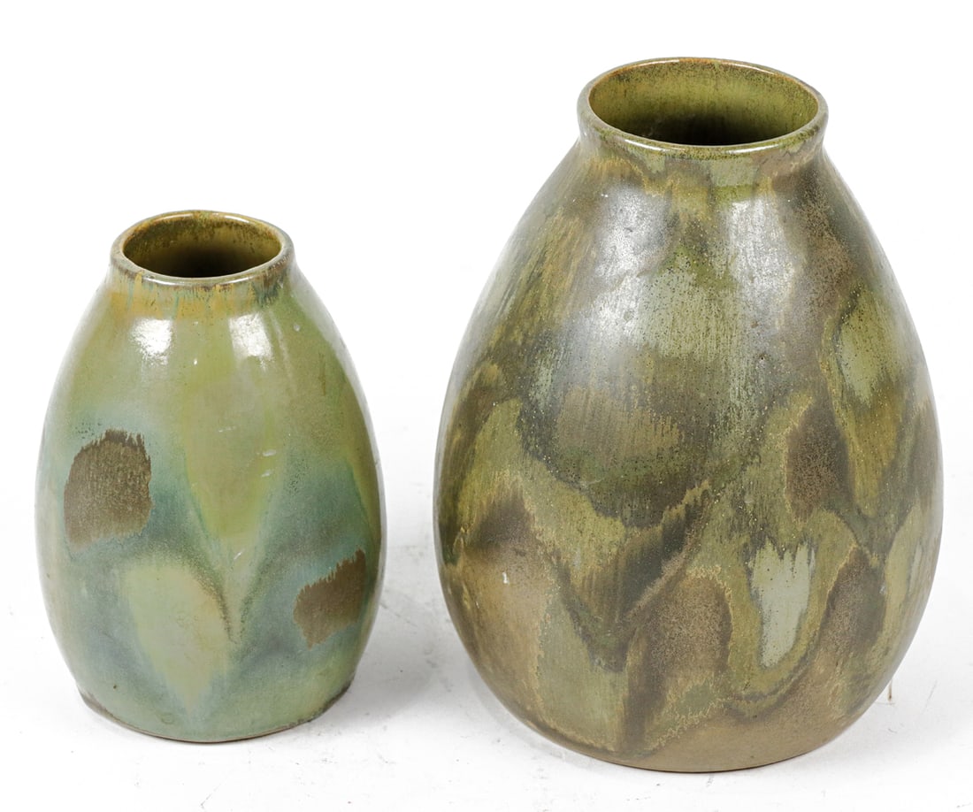 Two Red Wing Nokomis pottery vases: Two Red Wing Nokomis pottery vases, circa 1930, each with blue printed factory mark, 7.5"h and 10"h