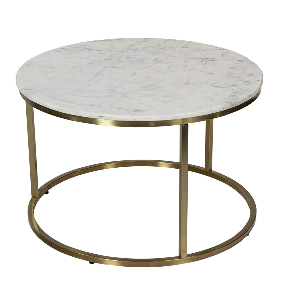 A Contemporary carerra marble top low table: A Contemporary carerra marble top low table, the circular form rising on a brushed brass base, 19.5"h x 30.5"w