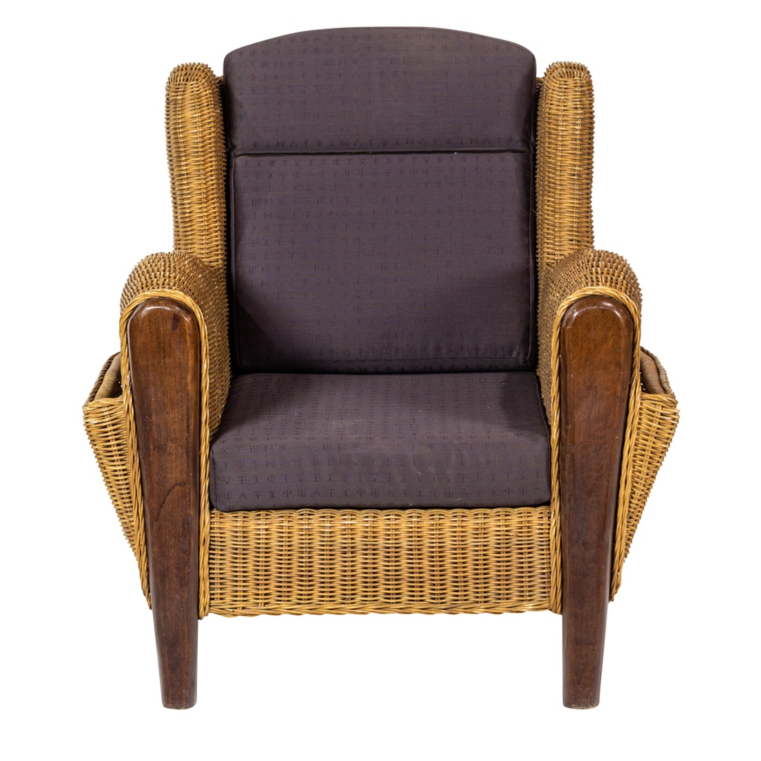 A contemporary rattan wingback chair: A contemporary rattan wingback chair, fitted loose seat cushions and magazine compartments at each arm, 37"h x 36"w