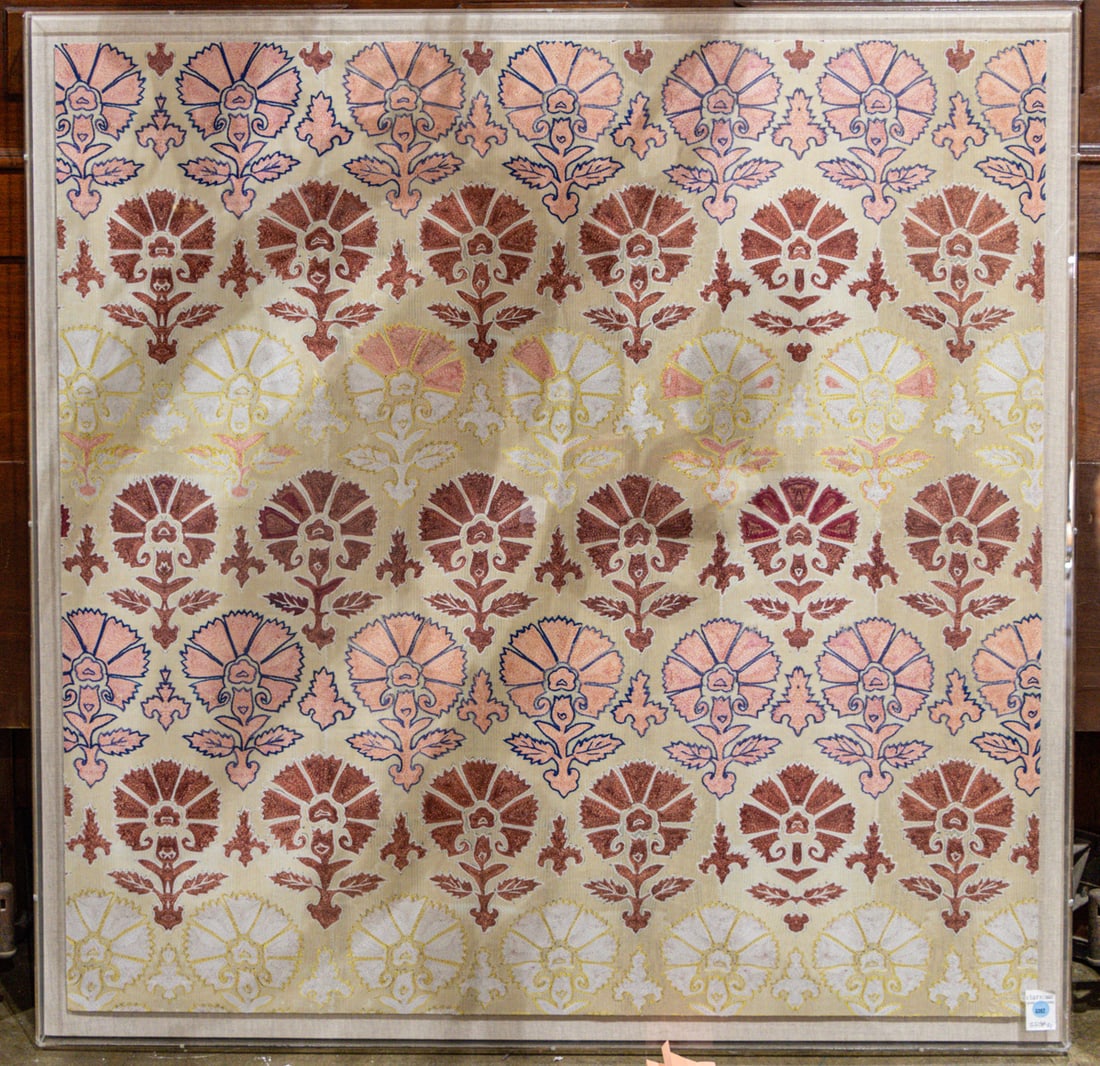 A St. Frank 'Blush Daisy Suzani Sublime' print on linen board: A St. Frank 'Blush Daisy Suzani Sublime' print mounted on linen board within lucite frame, 44.5"h x 44.5"d