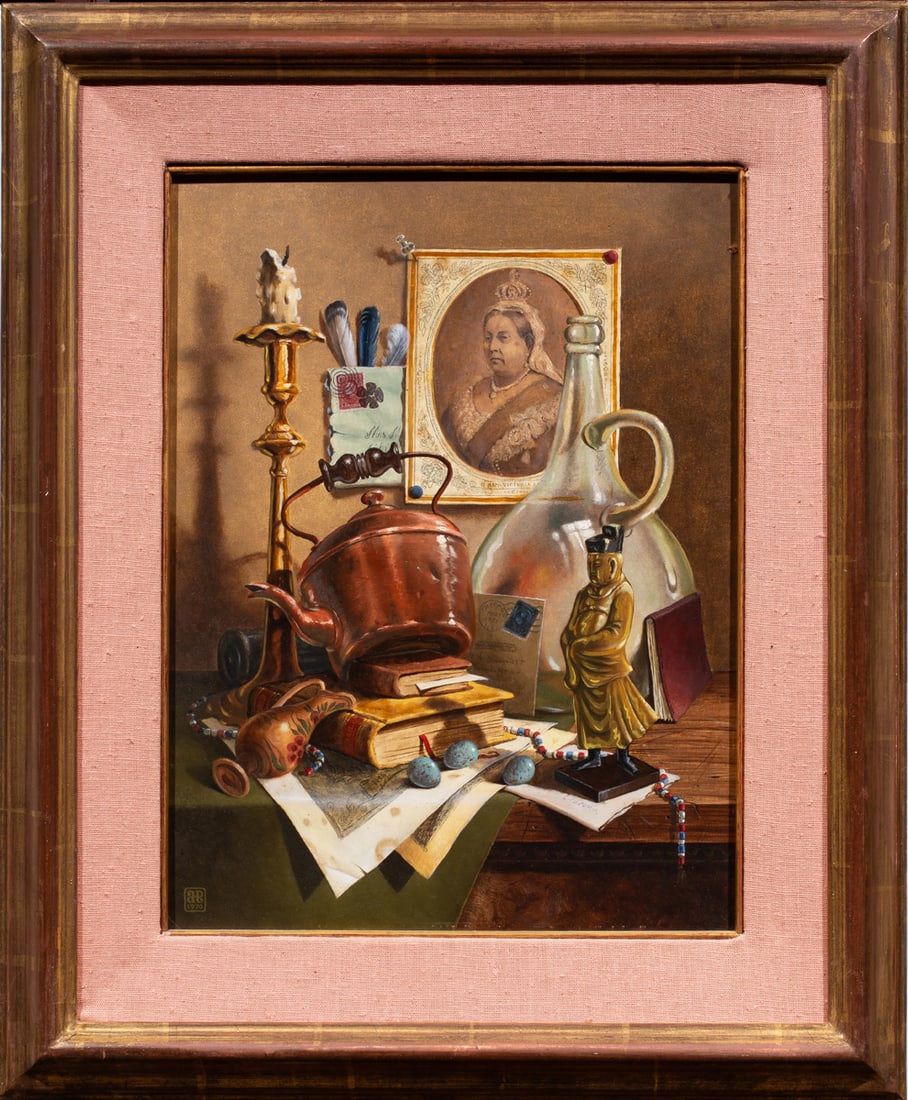 Painting, Alexis Pencovic: Alexis Pencovic (American, 1921-1987), "An Arrangement with Her Majesty," 1970, oil on board, monogrammed and dated lower left, California Club label affixed verso, overall (with frame): 23"h x 19"w