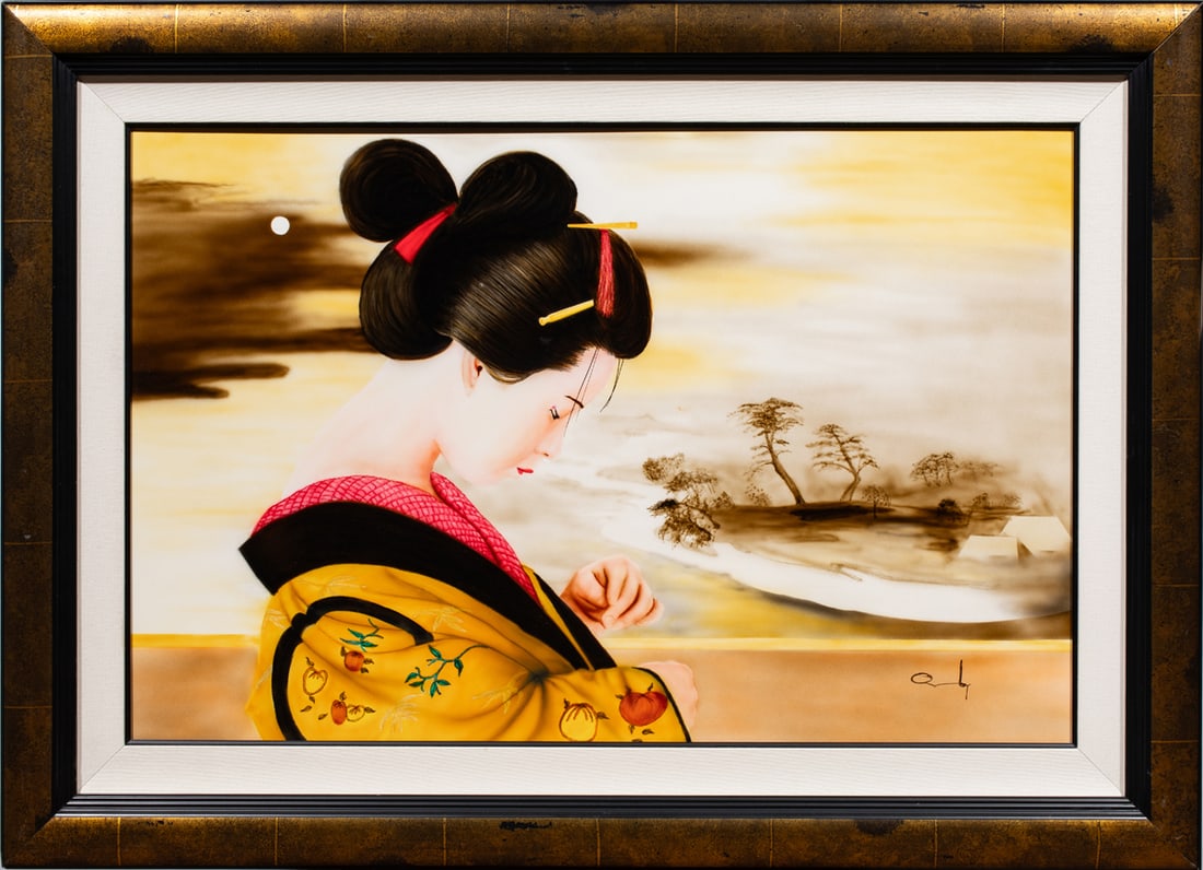 Painting, Japanese School (20th/21st century): Japanese School (20th/21st century), Woman in Kimono, mixed media on board, signed indistinctly lower right, overall (with frame): 32.5"h x 45"w