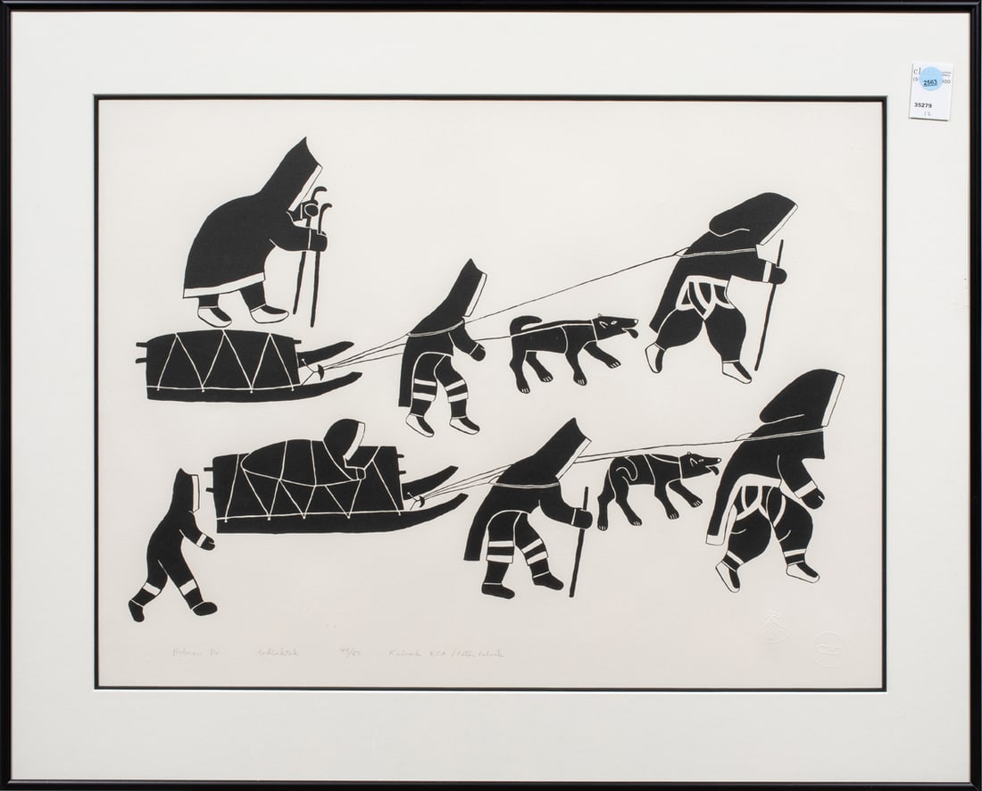 Print, Helen Kalvak: Helen Kalvak (Inuk/Canadian, 1901-1984), "Aodlaktok," 1984, stonecut, pencil signed and dated lower left, edition 49/50, overall (with frame): 25"h x 30.75"w