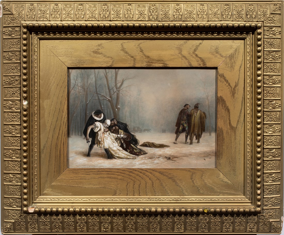 Embellished Print, After Jean-Leon Gerome: After Jean-Leon Gerome (French, 1824-1904), "The Duel after the Masquerade," embellished print, overall (with frame): 23"h x 19"w