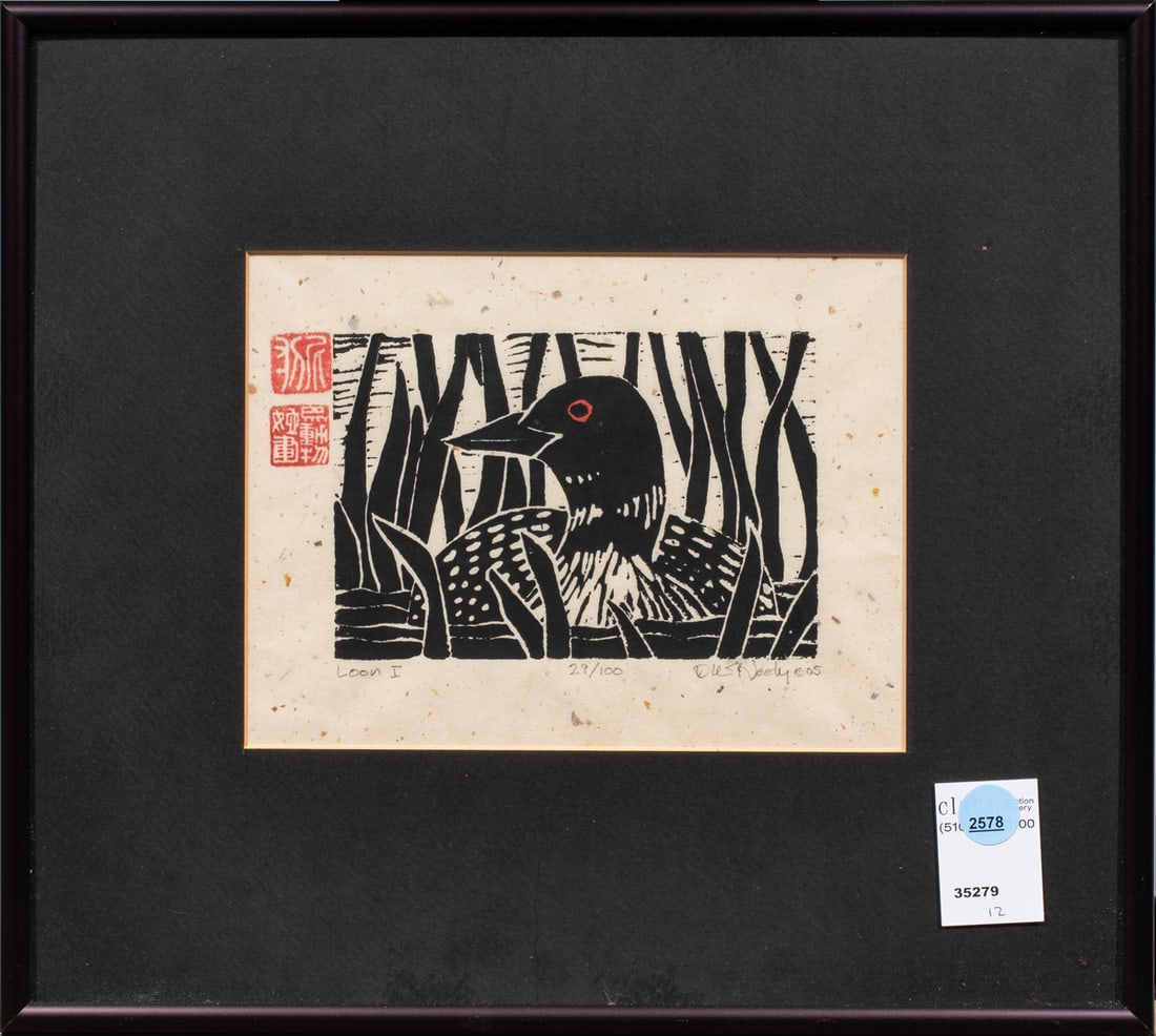 Print, Debby Neely: Debby Neely (American, 20th/21st century), "Loon I," woodcut, pencil signed lower right, titled lower left, edition 29/100, overall (with frame): 12.75"h x 14"w