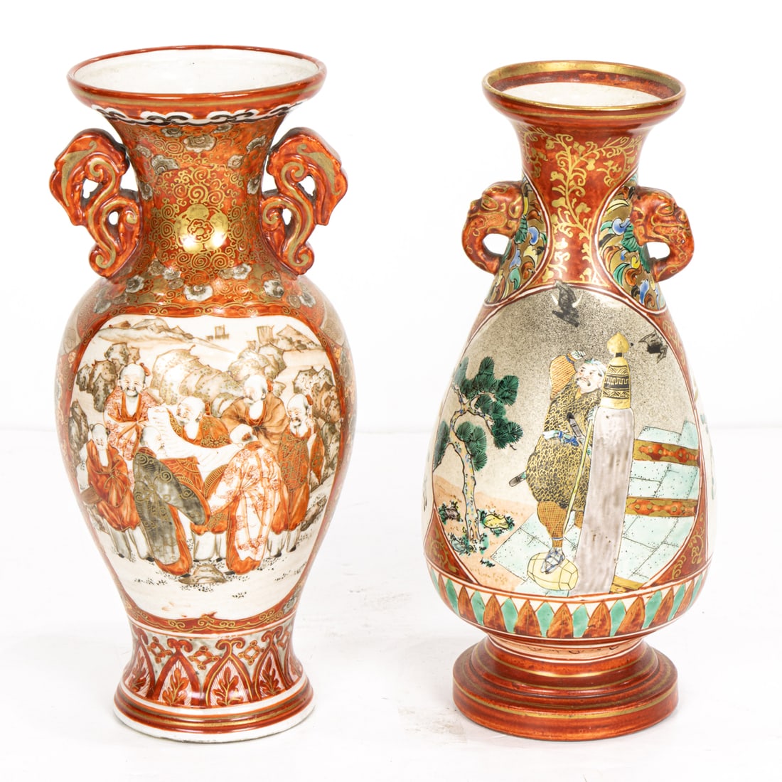 Two Kutani vases wit handles: Two Kutani vases wit handles. Meiji period, 8.25" and 8.375" high.