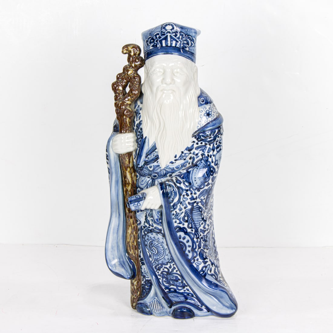 A Kutani blue and white figure of Jurojin: A Kutani blue and white figure of Jurojin. Meiji period, 19" high.