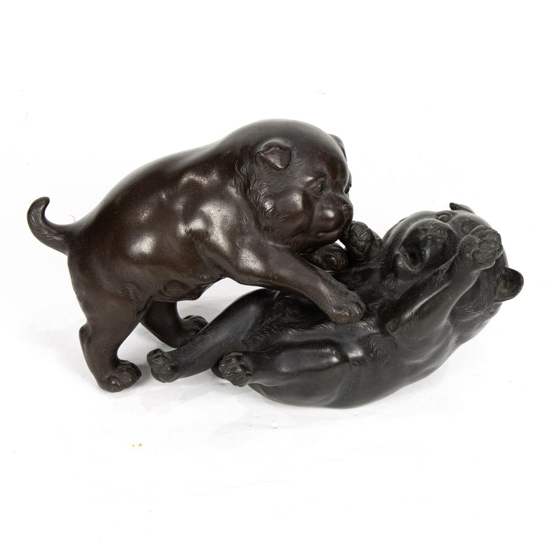 A pair of Japanese patinated bronze dogs at play (1 of 2)