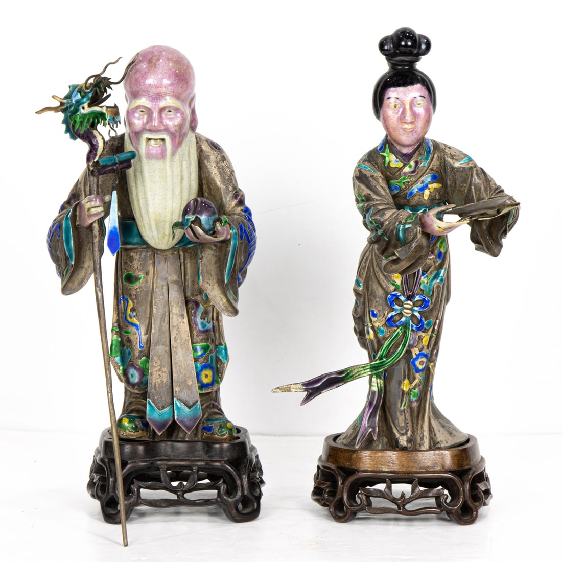 A pair of Chinese enameled silver Daoist immortal figures (1 of 1)