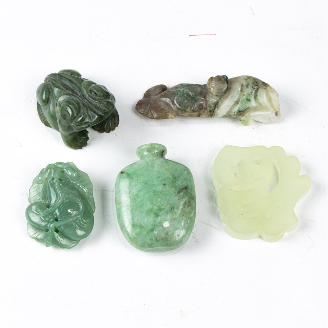 Five Chinese jade and hardstone carvings: Five Chinese jade and hardstone carvings. 20th century, from 1.875" to 3" long.