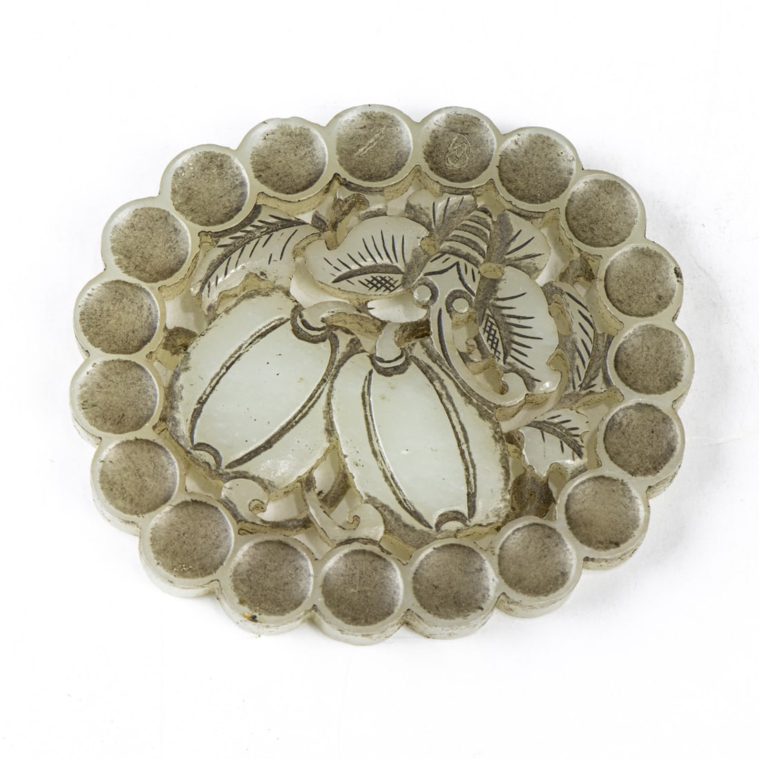 A Chinese white jade pendant: A Chinese white jade pendant. Featuring a butterfly and two gourds, Qing dynasty, 2.25" wide.