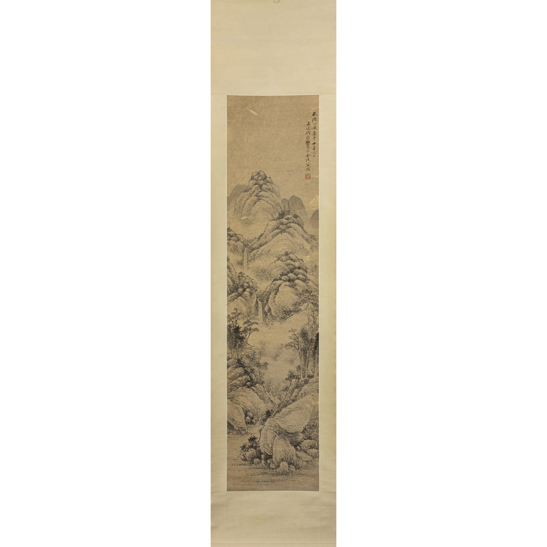 Style of Qian Weicheng (1720-1772) - Landscape: Style of Qian Weicheng (1720-1772) - Landscape. Hanging scroll, ink and color on paper, signed, bearing two seals, 53"h x 12.375"w.