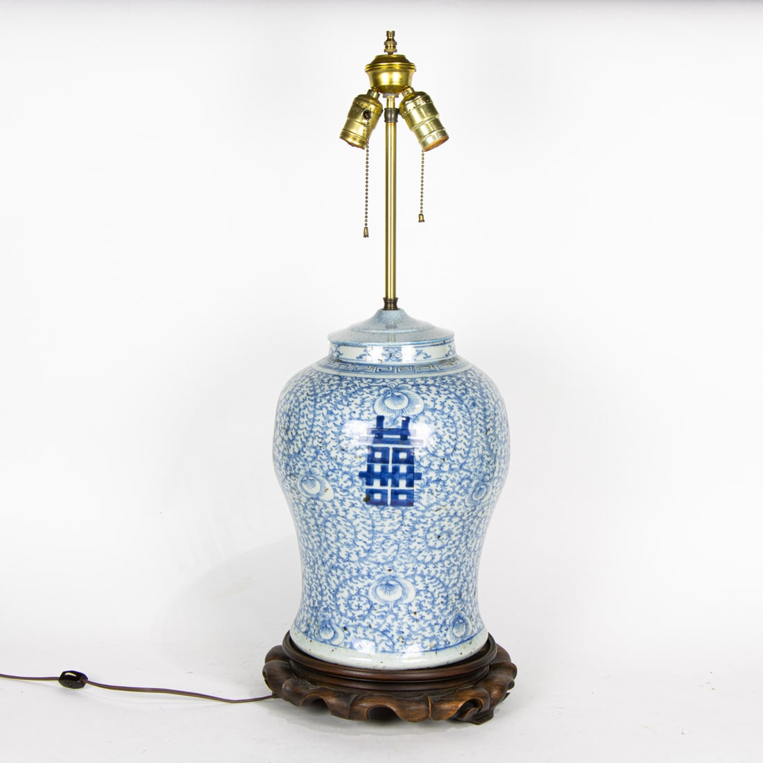 A Chinese blue and white 'double happiness' vase as lamp: A Chinese blue and white 'double happiness' vase as lamp. 29.5" high.