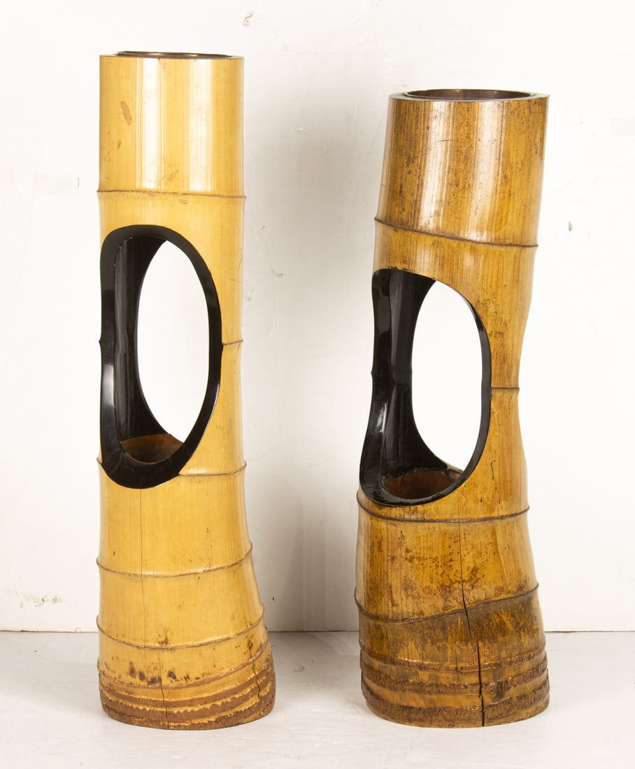 (lot of 2) Japanese bamboo ikebana vases: (lot of 2) Japanese bamboo ikebana vases. Showa period, 23" and 24.5" high.
