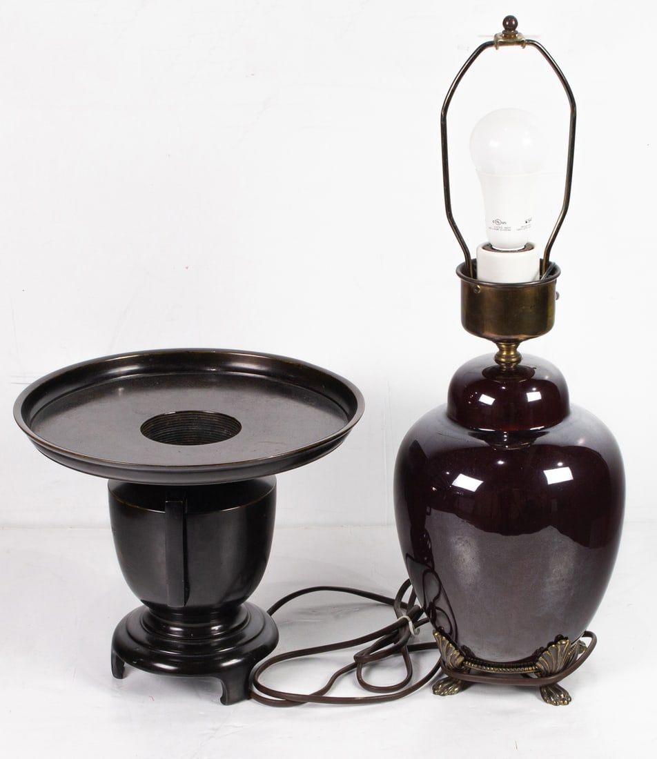 (lot of 2) Asian decorative articles: (lot of 2) Asian decorative articles. Comprising a Japanese bronze usubata and a ceramic lamp, 10.375" and 23.375" high.