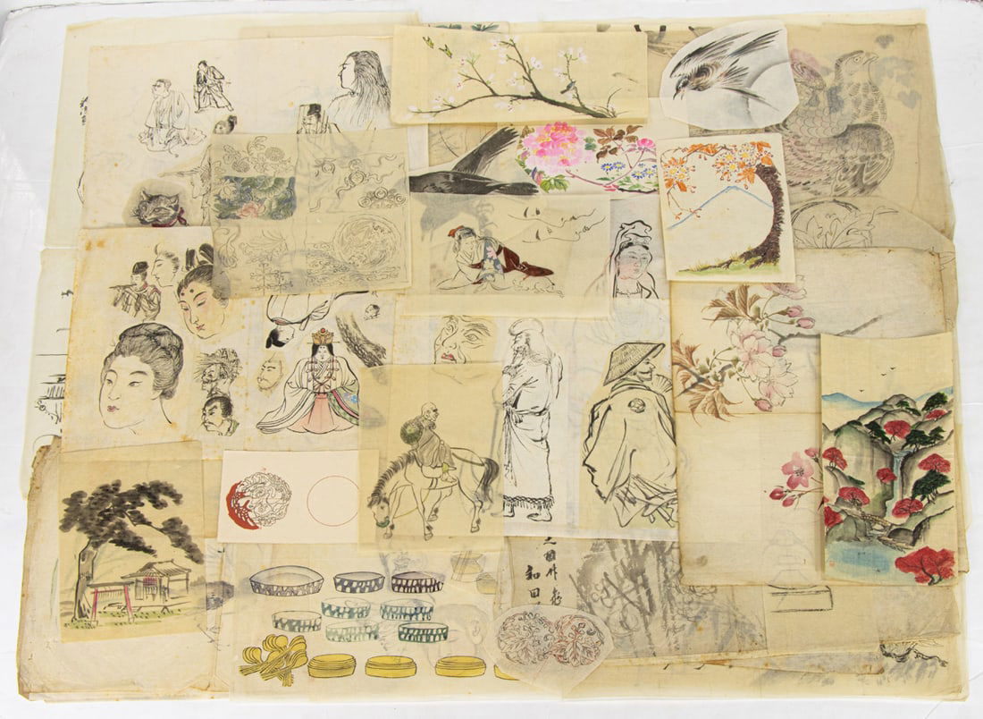 A large group of Japanese ink and colors on paper: A large group of Japanese ink and colors on paper. Largest: 10.5"h x 15.5"w.