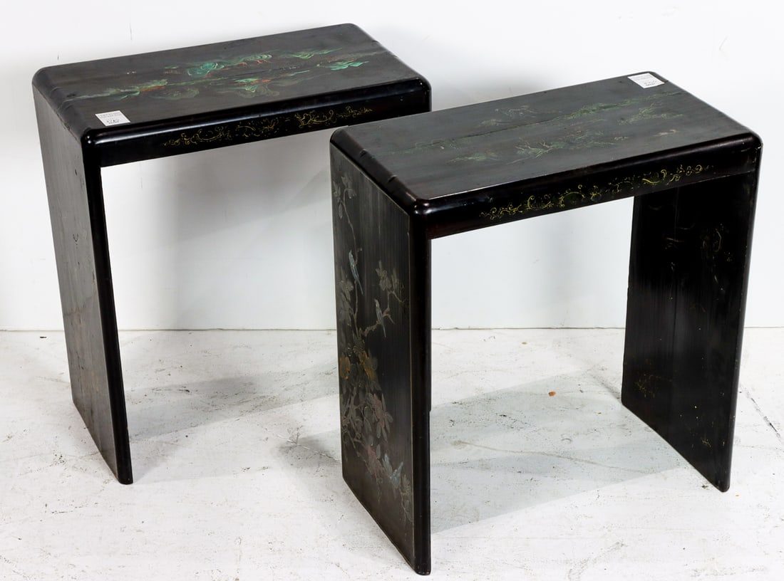 (lot of 2) Chinese black lacquer painted landscape side tables (1 of 1)