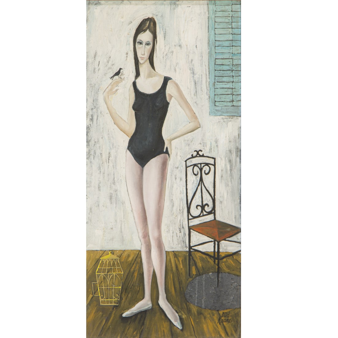 Painting, Margaret Keane: Margaret Keane (American, 1927-2022), Dancer with Bird, oil on canvas, signed lower right, canvas: 30"h x 13"w, overall (with frame): 38.5"h x 22.25"w