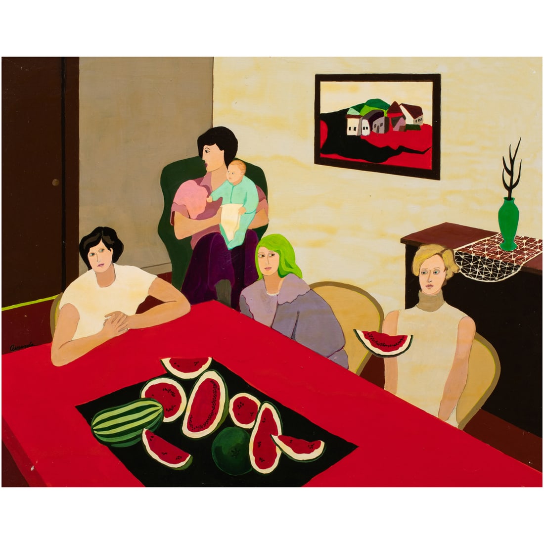 Painting, Abel Quezada: Abel Quezada (Mexican, 1920-1991), "Still Life with Watermelons," 1989, oil on board, signed, titled, and dated verso, board: 16"h x 20"w, overall (with frame): 18.75"h x 22.75"w