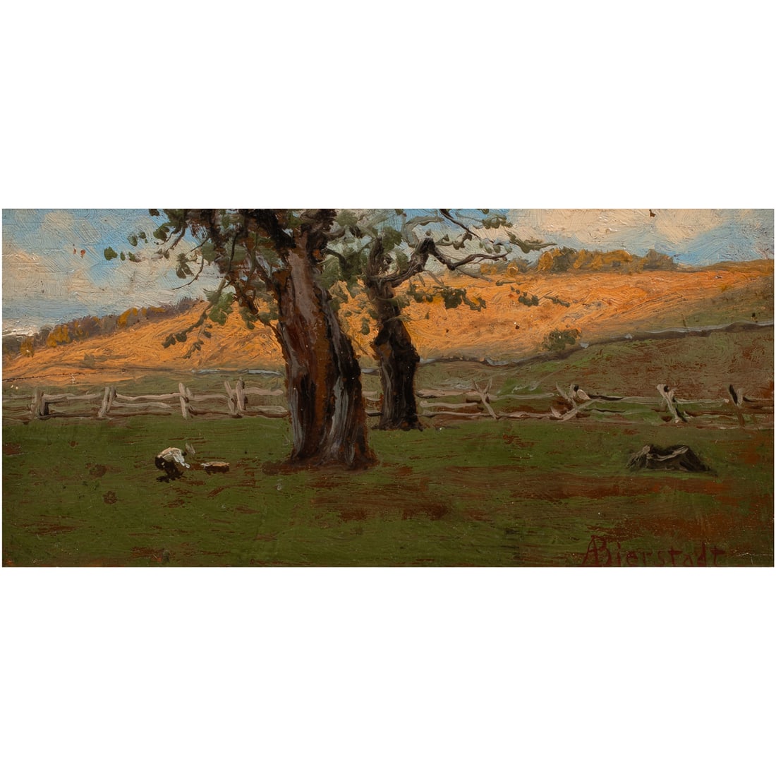 Painting, Albert Bierstadt: Albert Bierstadt (American, 1830-1902), Untitled (Tending the Fields), oil on panel, signed lower right, board: 4.13"h x 7.88"w, overall (with frame): 9.25"h x 13.25"w