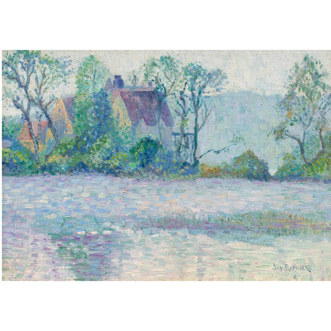 Painting, Joseph Raphael: Joseph Morris Raphael (American, 1869-1950), Untitled (Pond Reflections), oil on board, signed lower right, board: 9.75"h x 13.75"w, overall (with frame): 17.25"h x 21.25"w
