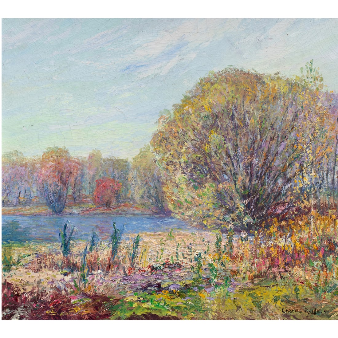 Painting, Charles P. Reiffel: Charles P. Reiffel (American, 1862-1942), Untitled (Early Autumn), oil on board, signed lower right, board: 22.5"h x 25.5"w, overall (with frame): 28.25"h x 31.25"w