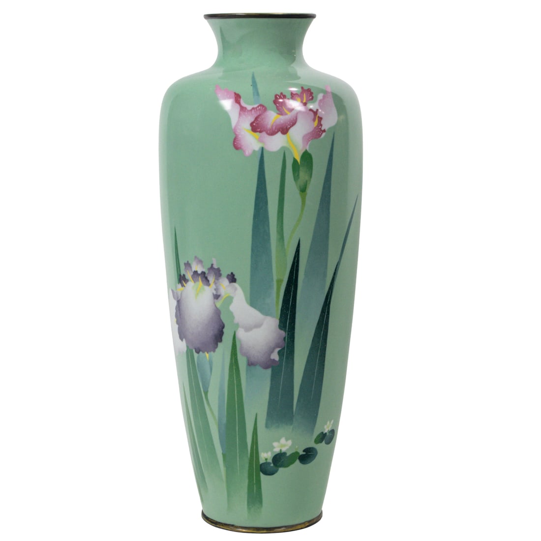 A Japanese enameled 'iris' vase: A Japanese enameled 'iris' vase. Attributed to Gonda Hirosuke or Kameno Teitaro. Featuring green ground painted with iris motif, Meiji period, 18.375" high.