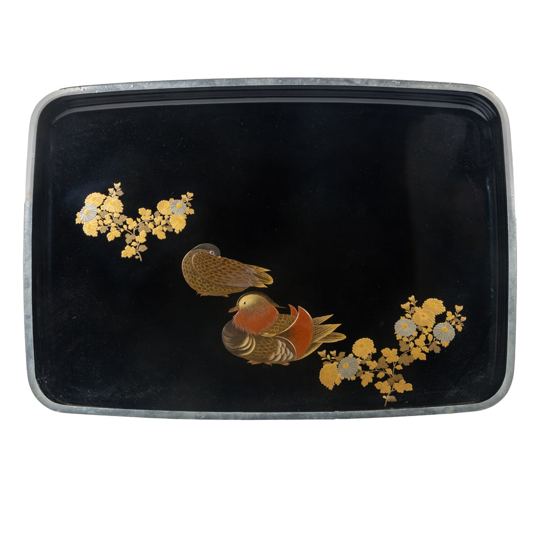 A Japanese gilt lacquered 'mandarin duck' tray: A Japanese gilt lacquered 'mandarin duck' tray. Of rectangular form, depicting a pair of mandarin duck amid sprays of chrysanthemum blossoms, Meiji period, 19" wide.